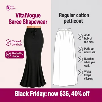 VitalVogue comparison ad: saree shapewear against a regular petticoat, Black Friday $36